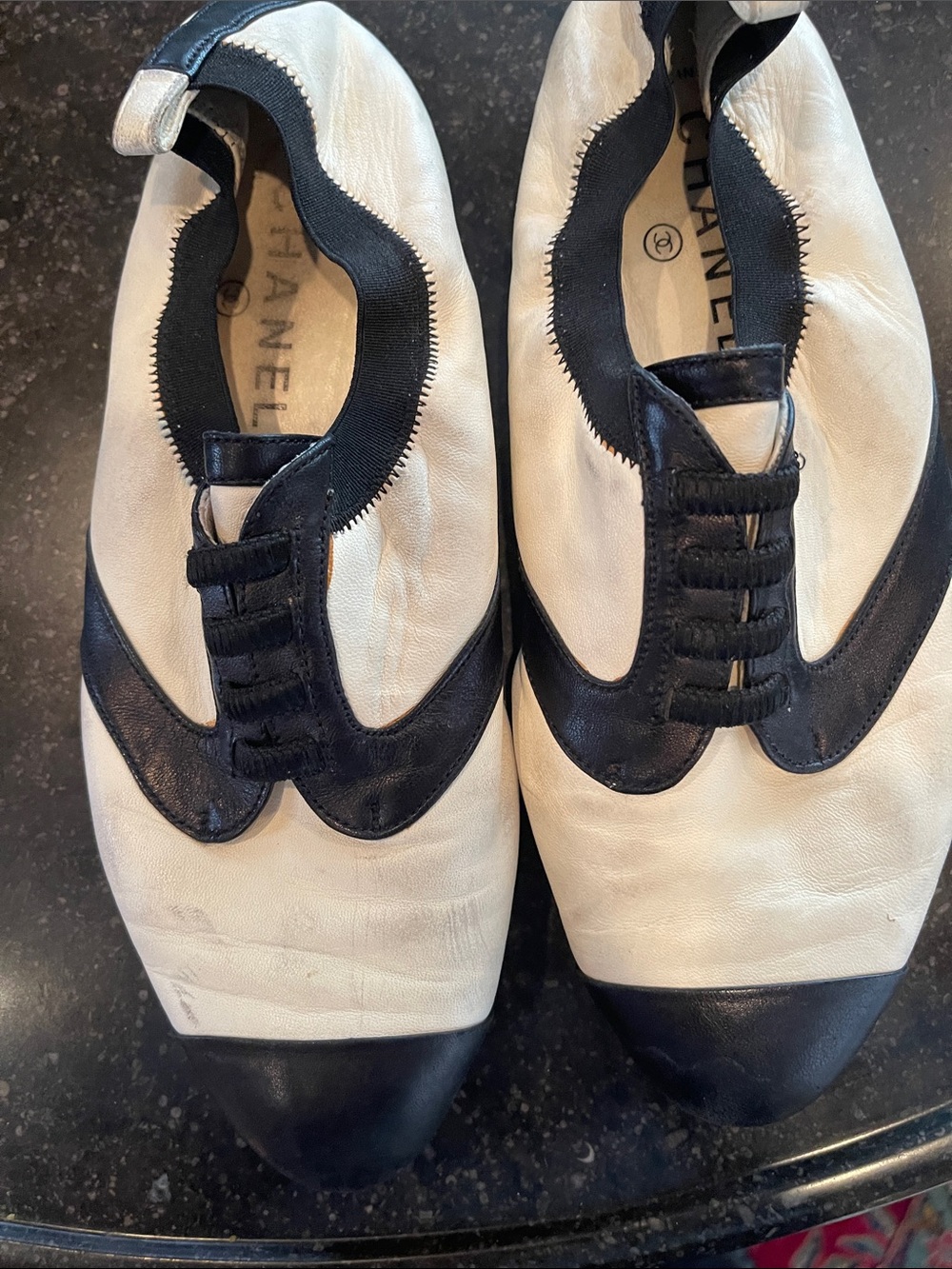 CHANEL White and Black Leather Slip-On Loafers